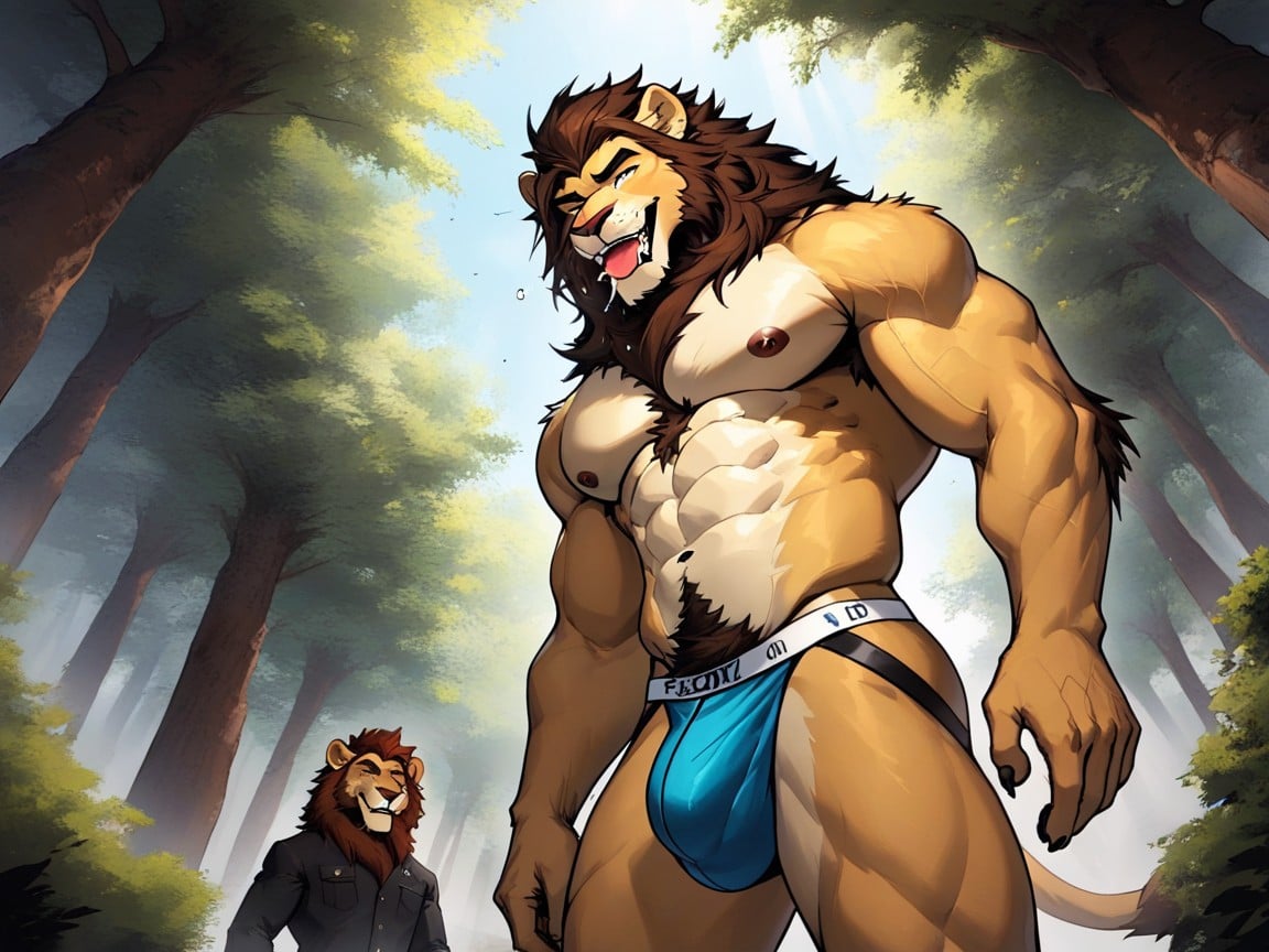 Anthropomorphic Lion's Pants Are Unbuckled, Stomach Hair, Bottom Up AI Gay Porn