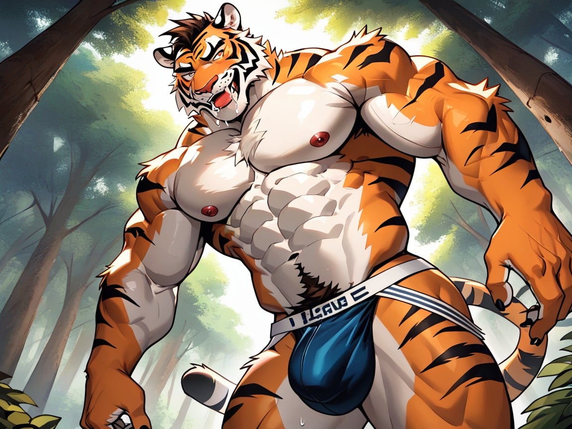 Charming Yet Scary Furry Anthropomorphic Tiger, Just Dangerous Enough To Be Super Sexy, Nighttime Pornografia gay com IA