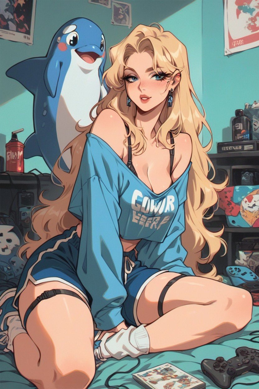 18+, Long Haired Blonde Woman Wearing Blue Oversized Shirt With Bra Straps And Blue Dolphin Shorts And Stockings, Playing A Video GameHentai IA