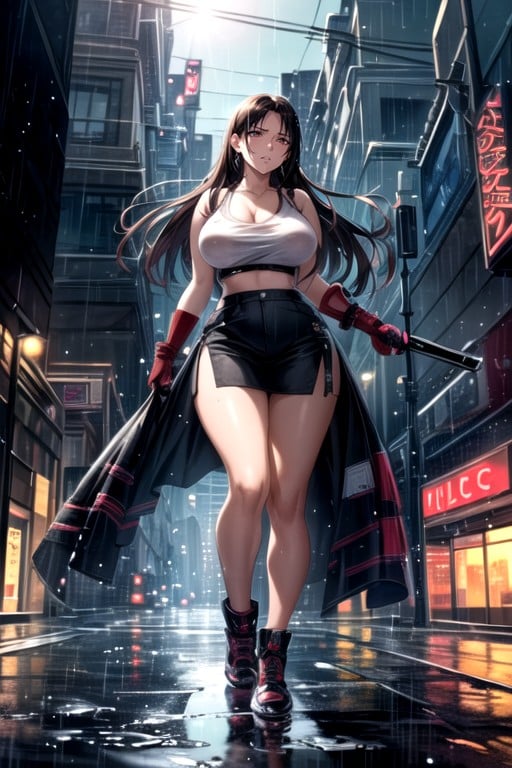 Glowing Neon Signs Reflecting On Puddles, Cinematic Lighting Highlighting Her Thoughtful Expression, Moody Hentai AI Porn