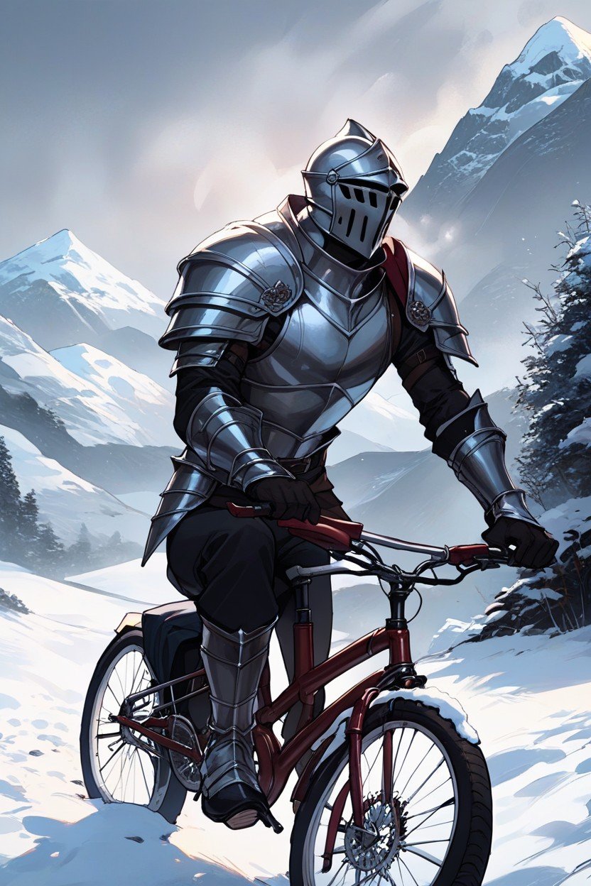 Riding A Bicycle, A Male Knight Wearing Armor, Dark Cloudy Skies Hentai IA pornografia