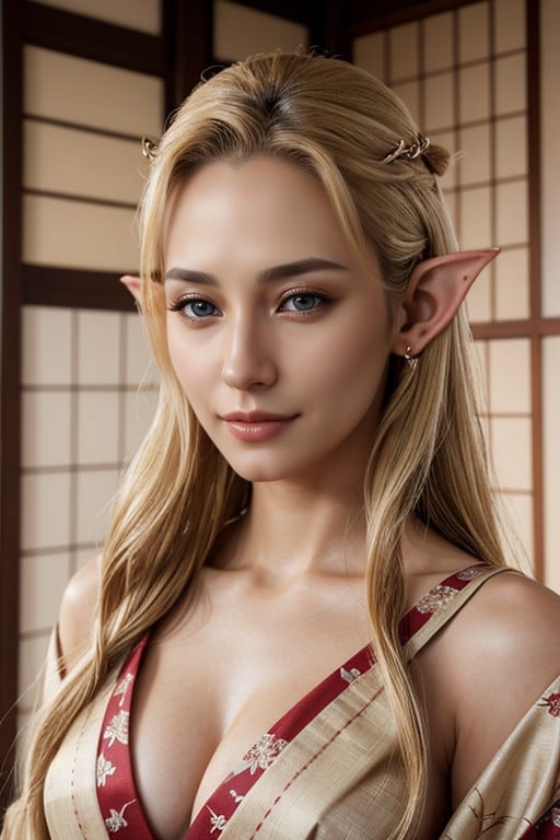 Elf Ears, Blonde Hair, Kimono Hentai AI Porn