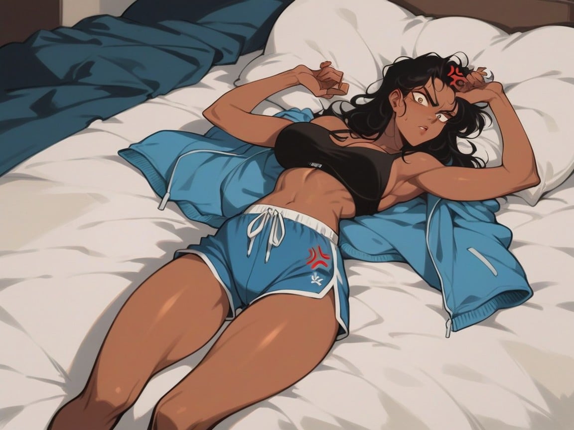 Laying, Long Black Haired Dark Skin Woman Wearing Black Bra And Blue Dolphin Shorts, Bedroom Hentai AI Porn