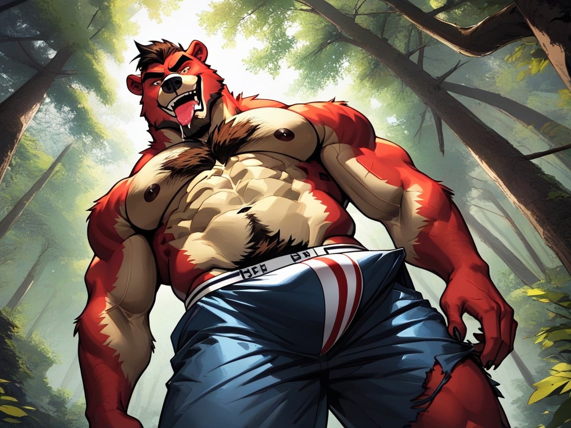 Showing Bulging Brightly Colored Jockstrap, Stomach Hair, Anthropomorphic Pornografia gay com IA