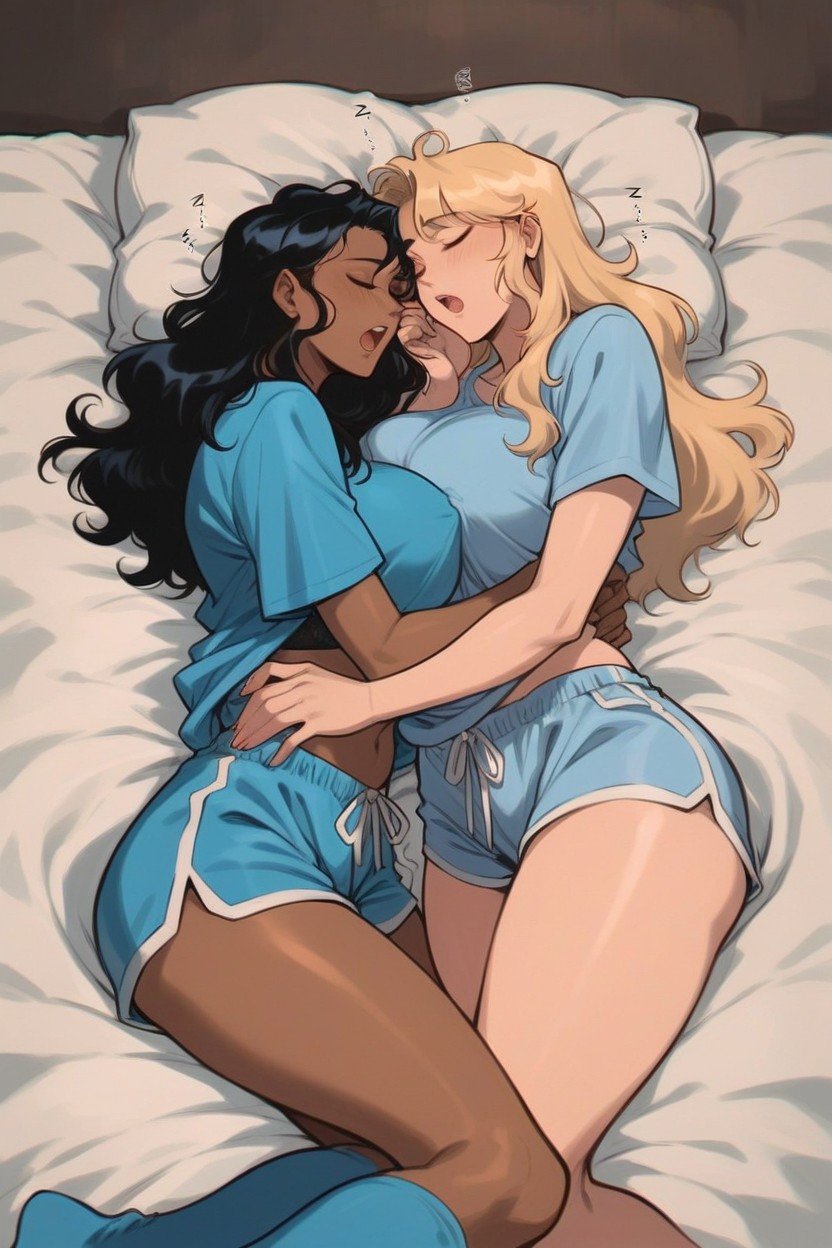 18+, Blonde White Woman Wearing Blue Shirt And Black Panties And Blue Stockings Sleeping With Black Haired Dark Skin Woman In Black Bra And Blue Dolphin Shorts, Only Two People Hentai IA pornografia