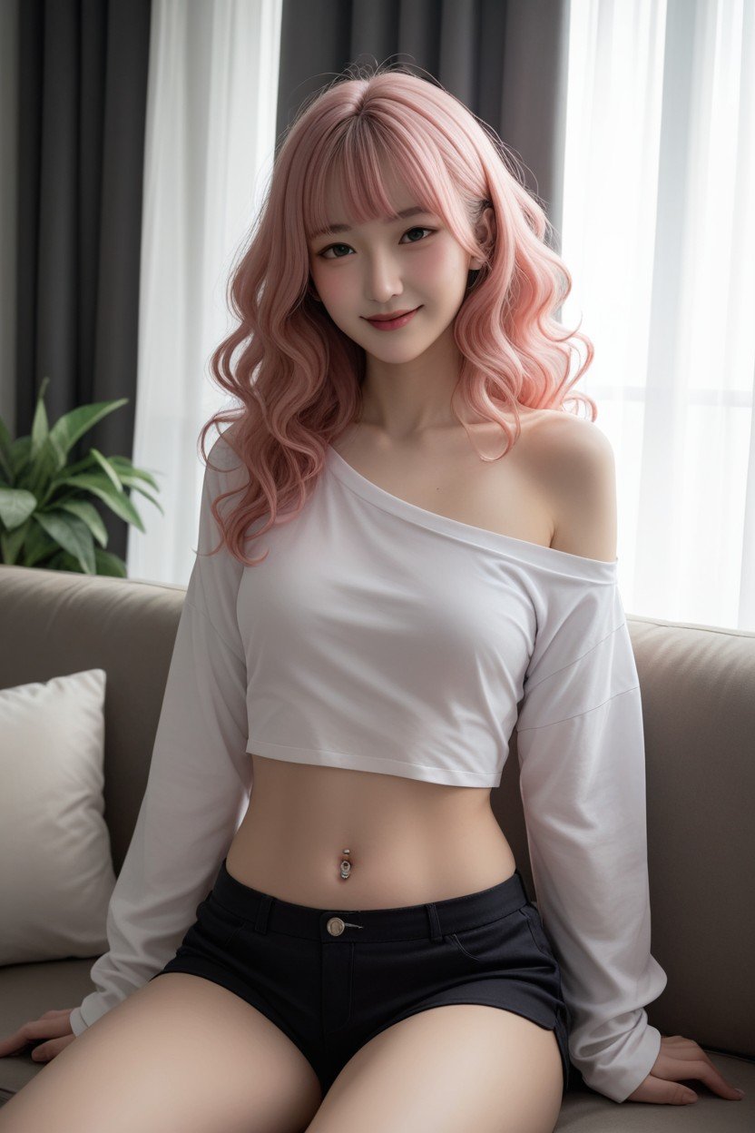 Wearing White Off Shoulder Long Sleeve Crop T Shirt, Closed Mouth, Looking At Viewer Asian AI Porn