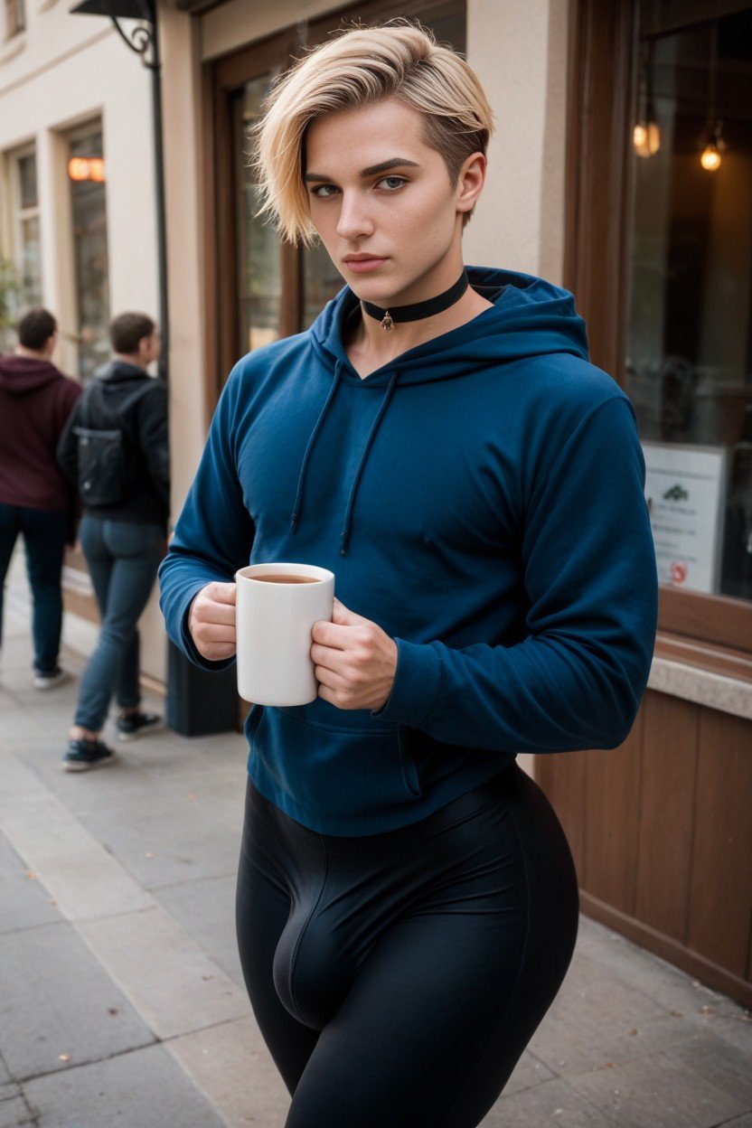 Black Sweatpants, Cafe, Holding Coffee Mug Pornografia gay com IA