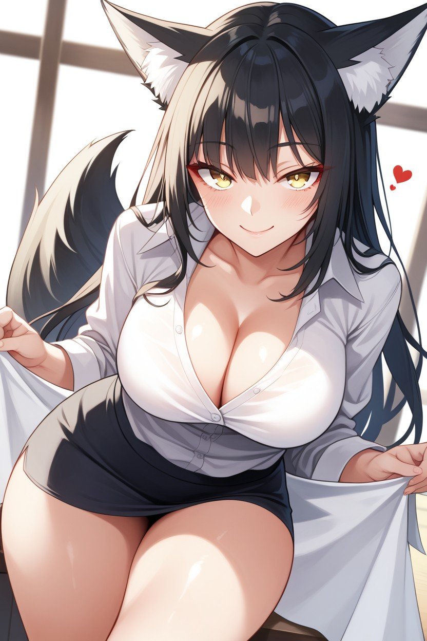 Fox Ears, Tocándose La Cara, Black HairHentai IA