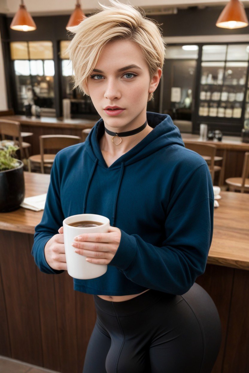 Holding Coffee Mug, Oversized Long Dark Blue Hoodie, Feminine Face AI Gay Porn