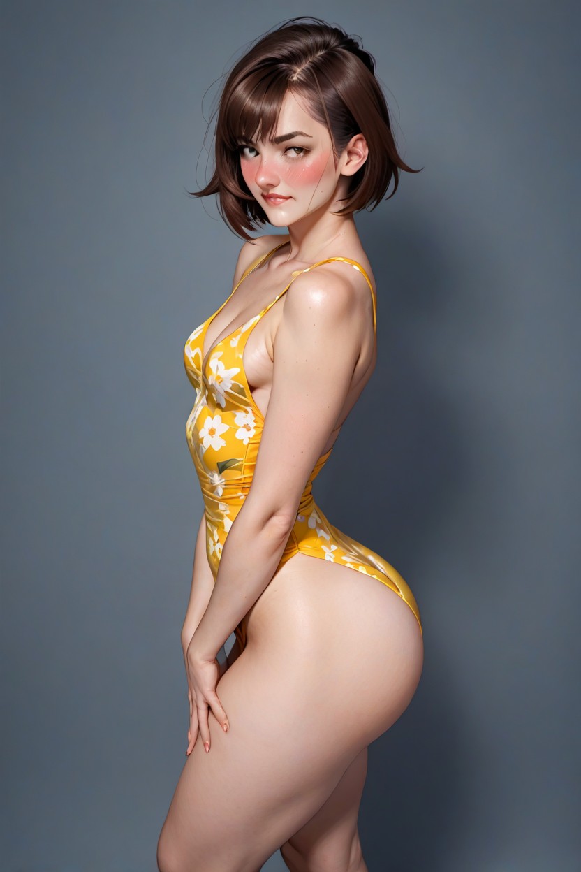 Yellow Slip Dress, Focus On Sweet Face, Bobcut Hair AI Porn
