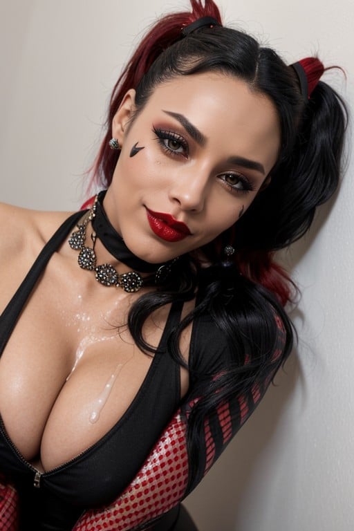 Red Lipstick Fingerless Gloves, Creampie, Black Woman In A Harley Quinn-inspired Costume Tight Black And Red Bodysuit With Diamond Patterns Two High Ponytails Porno IA Hentai