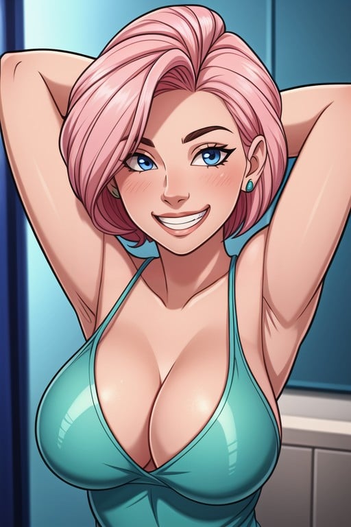 Grinning, Pink Hair, Arms Up Hentai AI Porn