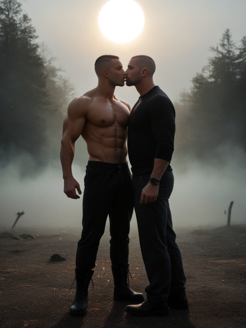 Hyper Muscular Body, Hyper Low Muscle Tone, Lens Flares Ghosting Pornografia gay com IA