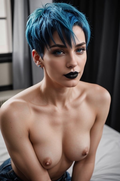 Petite Poitrine, Cheveux Bleus, Coupe PixiePorno IA Asiatique