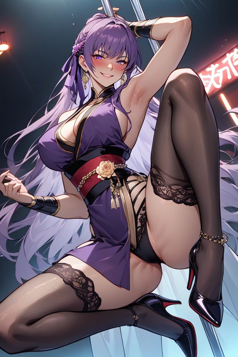 And Her Legs Are Adorned With Thigh High Black Stockings Decorated With Floral Engravings She Wears Black Open Toed High Heels With Gold Trim Her Hair Is, And She Has A Playful, Wearing A Slutty Sleek And Stylish Ninja Outfit The Outfit Consists Of A Sleeveless Hentai AI Porn