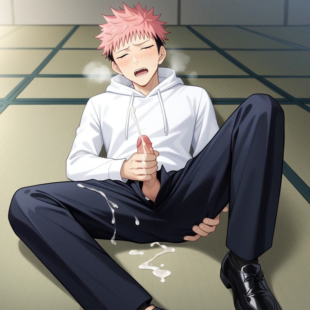 1 Person, Yuuji Itadori From Jujutsu Kaisen，wearing A White Hoodies And Black Baggy Suit Pants, 18+ AI Gay Porn