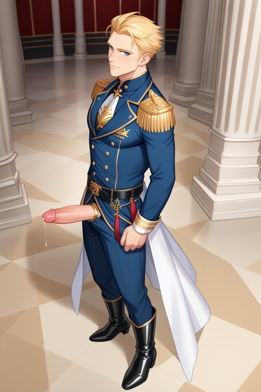 Wearing Very Dark Blue Royal European Prince Uniform With Gold Details, Palacio, Standing ConfidentlyPorno gay IA