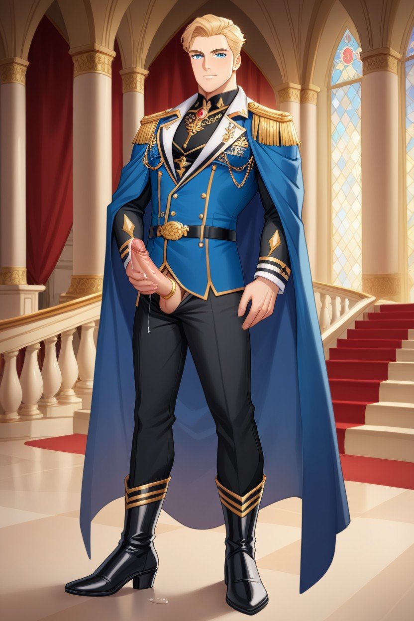 Wearing Very Dark Blue Royal European Prince Uniform With Gold Details, Royal Palace Interior Background, 18+AI同性戀黃片