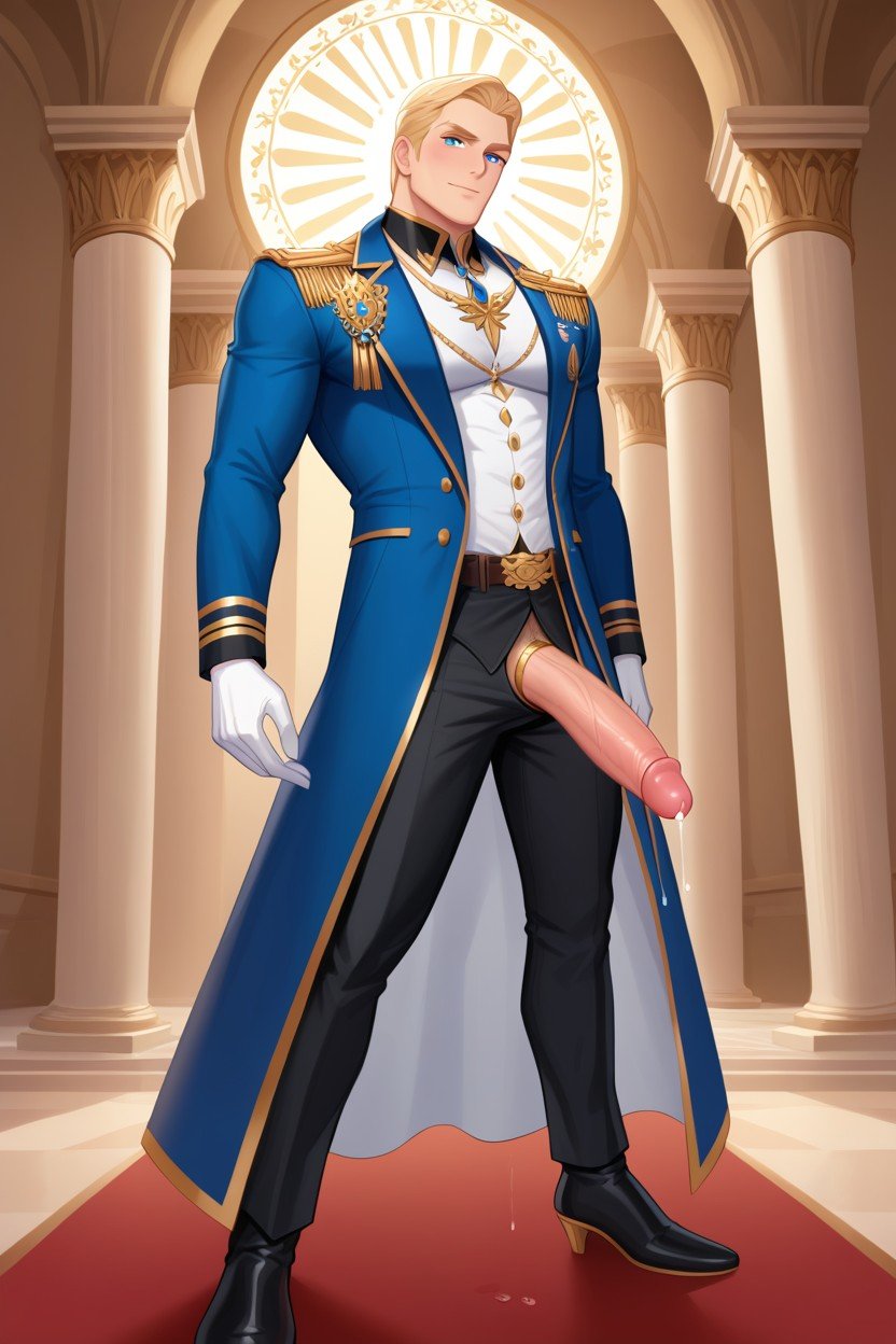 Сверху Вниз, Light Skin, Wearing Very Dark Blue Royal European Prince Uniform With Gold Details ИИ гей порно