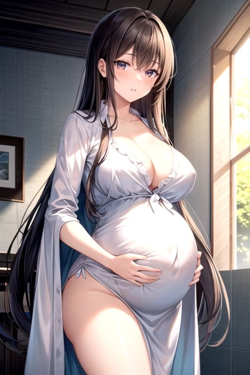 Pregnant Woman With Long Brown Hair She Is Standing In A Bright Room With White Tiled Walls, Wearing A Red Open Robe Torpedo Belly, スキニー ゲイAIポルノ