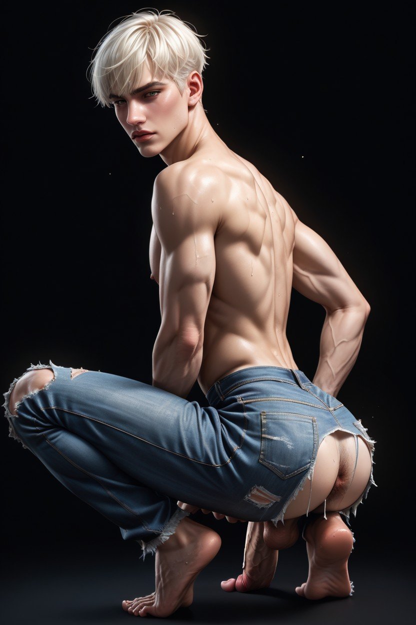 Extremely Torn Jeans, Toned Lean, Detailed Toes Pornografia gay com IA