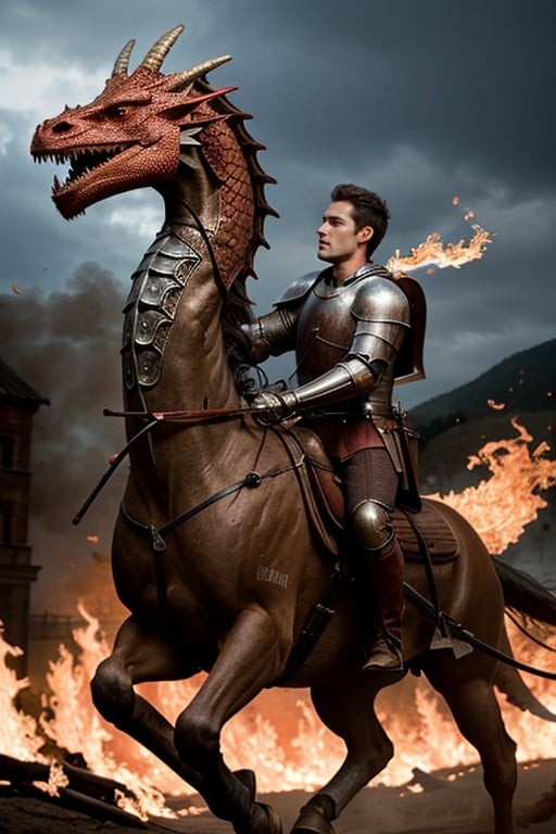 18+, A Male Knight On Horseback Charging Towards A Giant Red Fire Breathing Dragon Pornografia asiática com IA