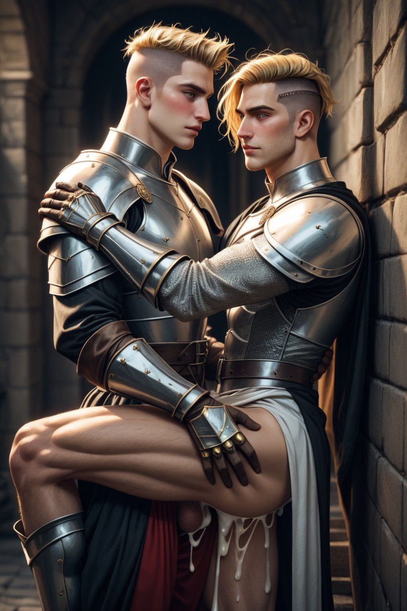 Heavy Medieval Golden Shiny Armor, Poils Pubiens, Shaved HeadPorno IA Gay