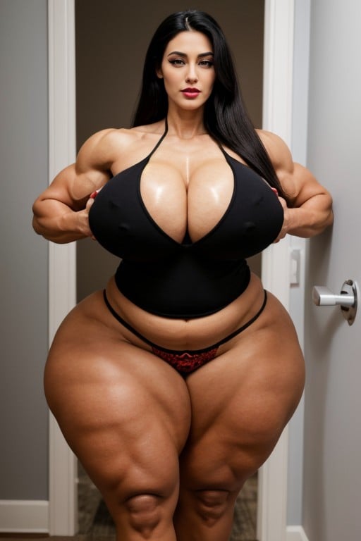 Glossy Black Lipstick, Ripped Muscles, Colossal Hyper Ass Asian AI Porn