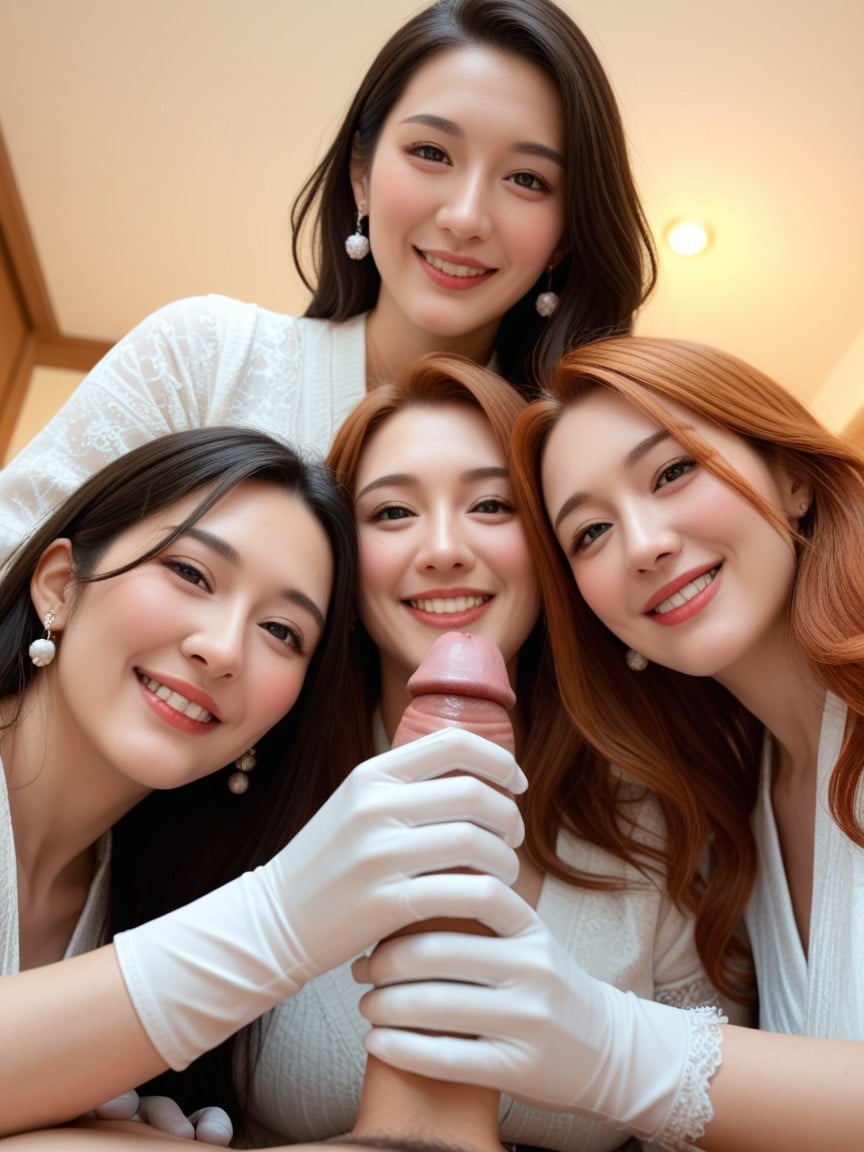 30+, Three Japanesse Women Wearing White Shoulder Length Gloves, EspièglePorno IA Asiatique