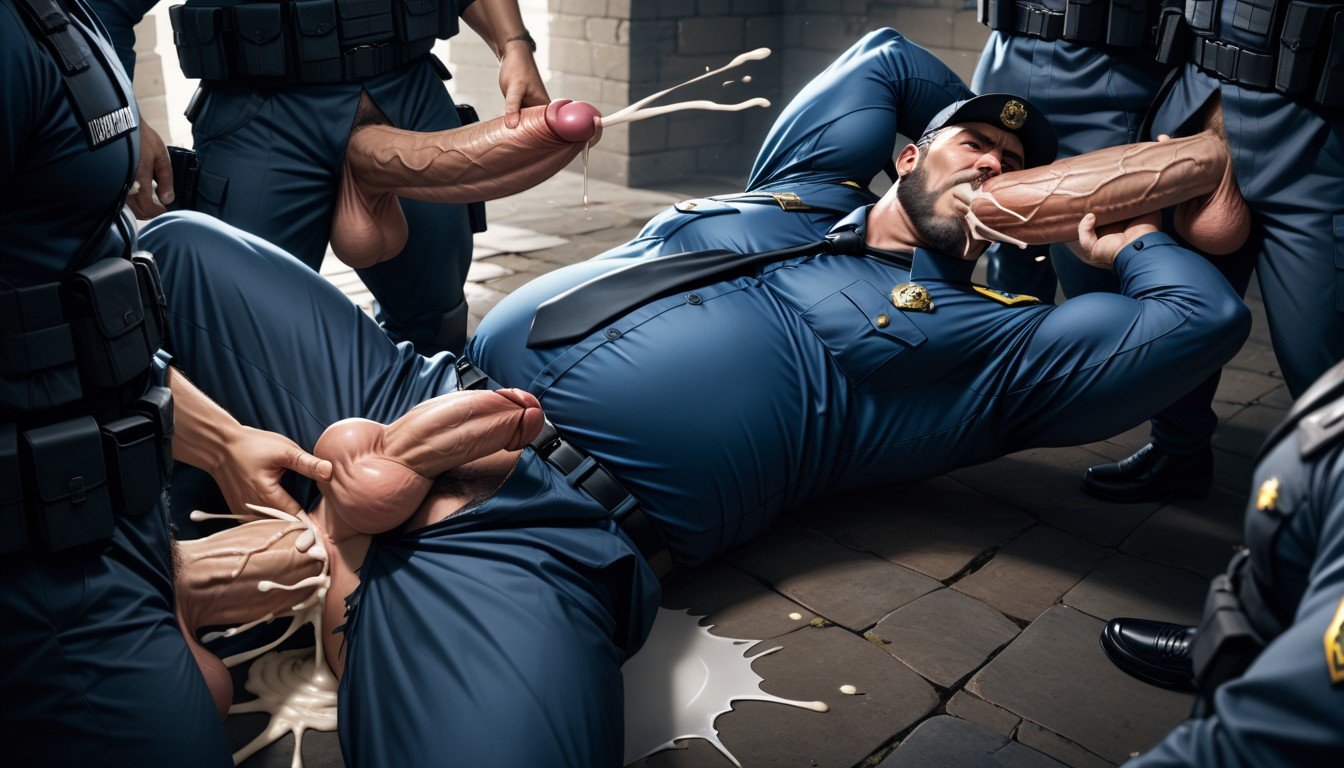 Slightly Old Man, Wearing All Complete Security Guard Uniform Including Black Socks, Extreme Anal Penetration Through Ripped And Unzipped Security Guard Pants Pornografia gay com IA