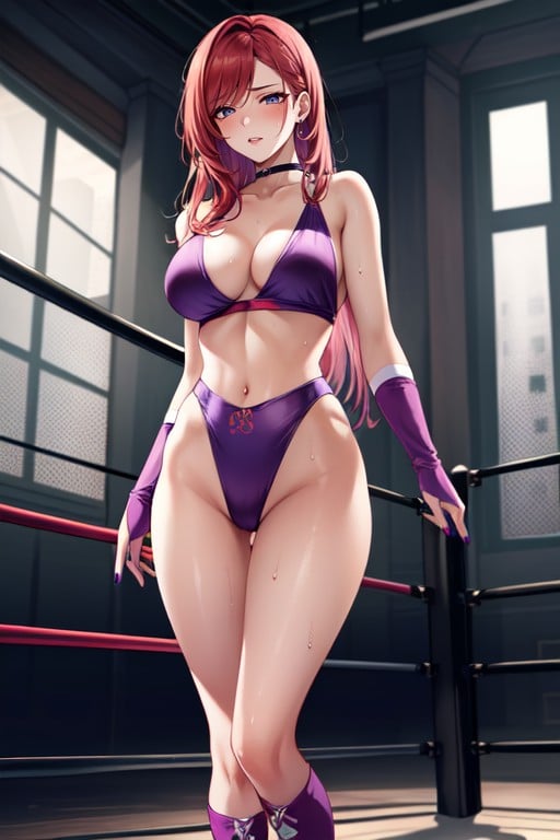 Blushed, Biting Lip, Purple Wrestler OutfitsAI黃漫