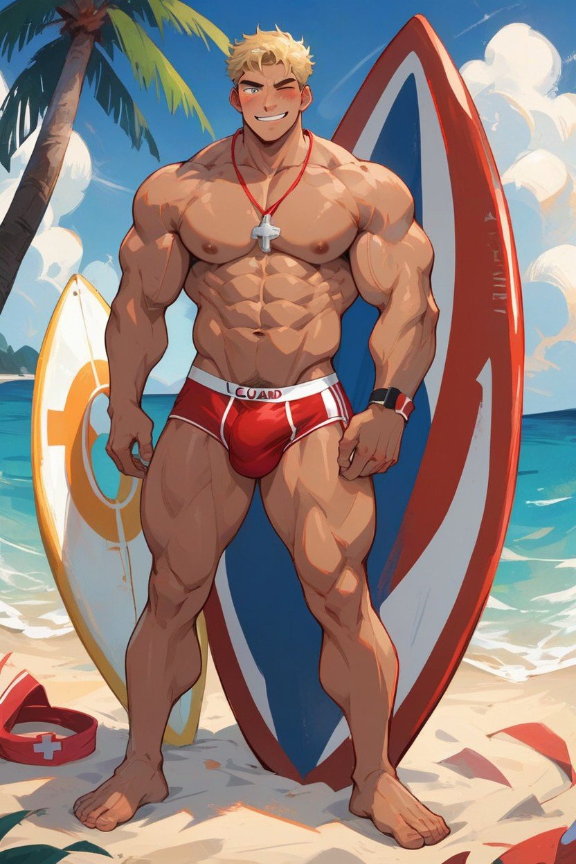 Life Guard, Whistle Around Neck, Beach Pornografia gay com IA