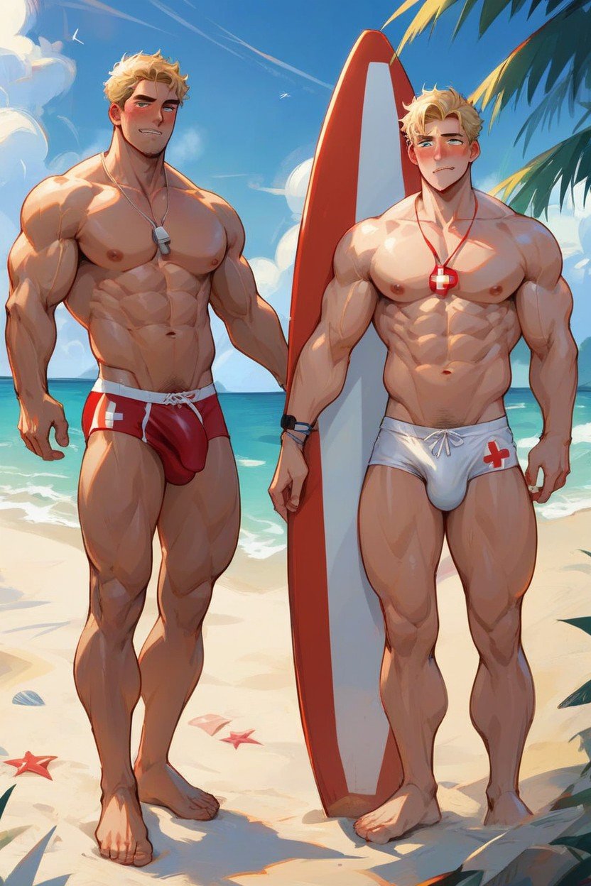 One Person, Red Lifeguard Speedos, Penis OutゲイAIポルノ