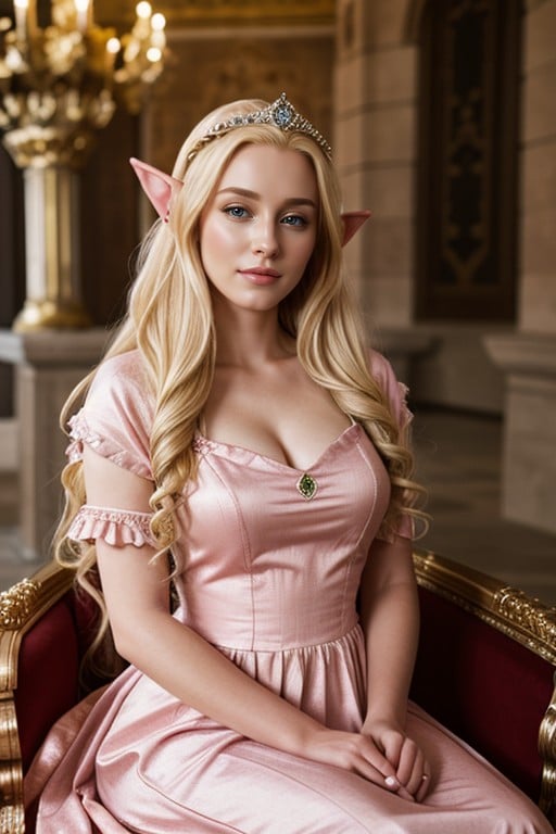 Elf Ears, A Beautiful Princess In A Castle Throne Room, Pink Regal DressアジアのAIポルノ