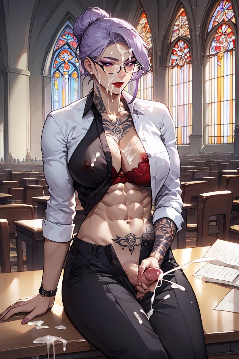 Rimless Glasses, One Breast Exposed, Church Hentai AI Porn