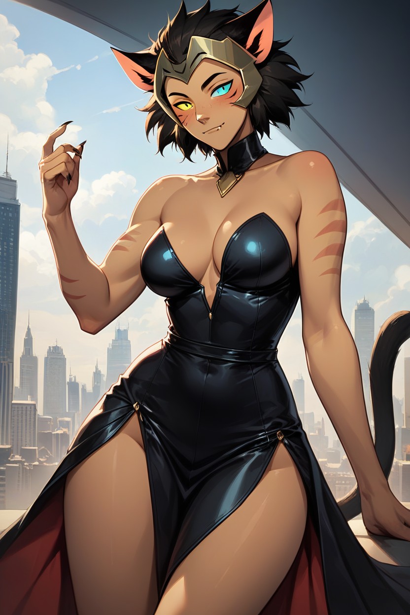 She Has Medium Breasts, She Walks Around The Beautiful Dressed In A Beautiful Black Evening Dress And Shoes The Front View Is Wide-angle, ModelandoHentai IA