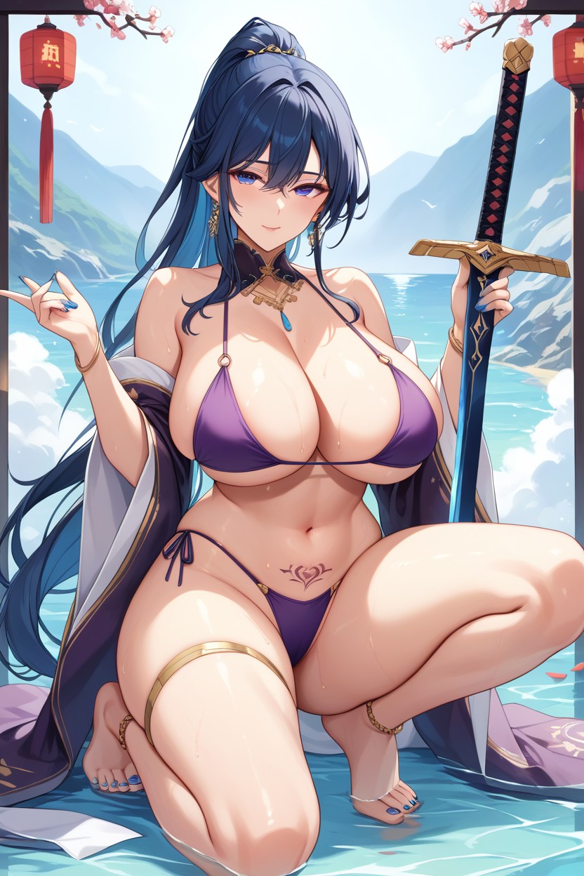 Has Tattoo On Her Legs, Magical Sword On Her Hand, Wearing Purple Bikini And Azure AnkletAI黄漫