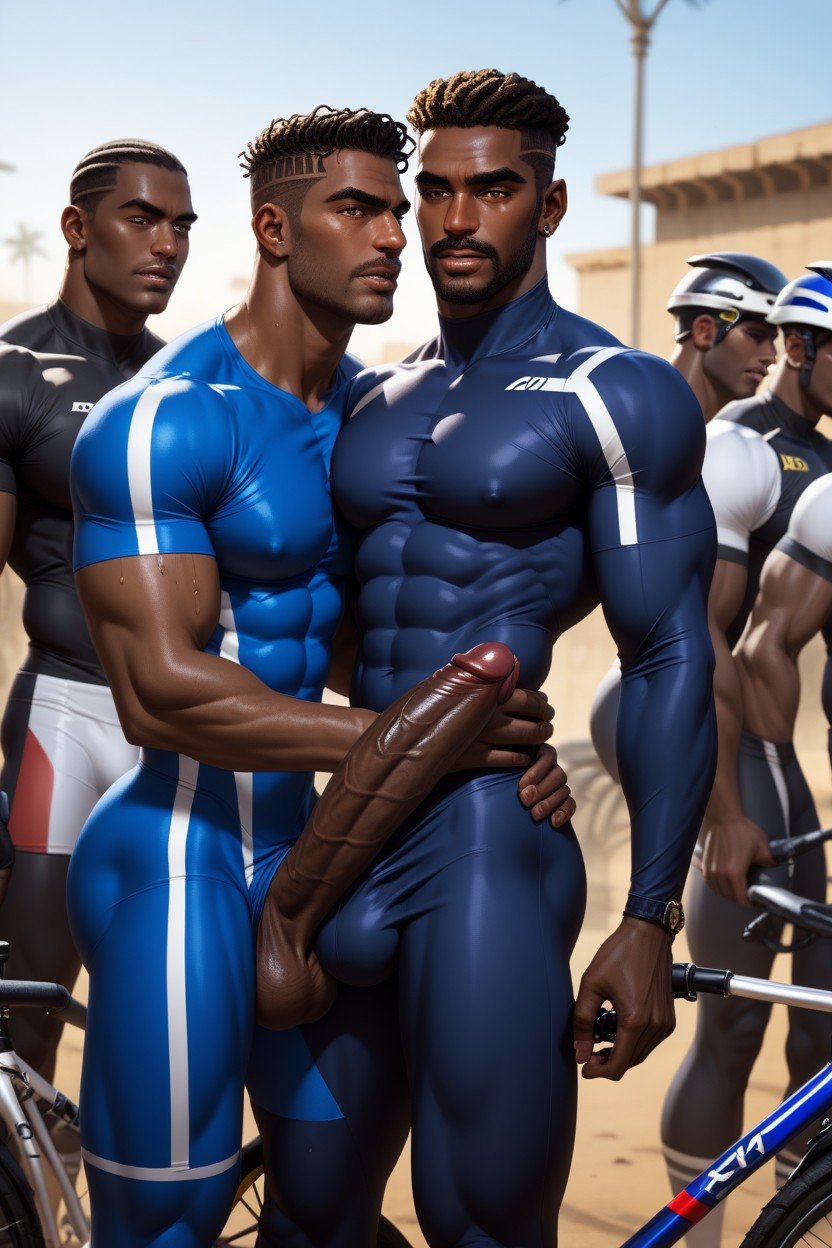 Spandex, Two African Handsome Bicycle Guys Groping, 18+ Pornografia gay com IA