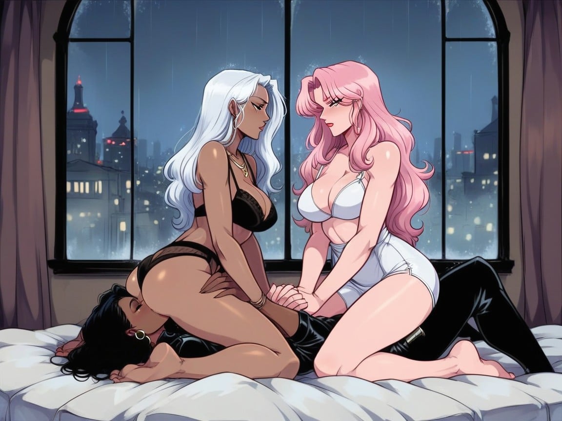 Women Facing, Sitting Legs Spread, Lesbian Hentai IA pornografia