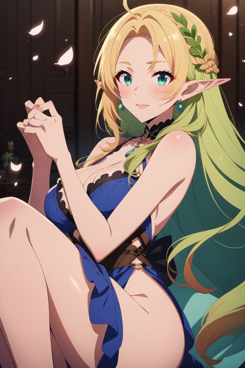 18+, Up To The Collar Eyes Blue Green Ears Pointed Build, Hair Blond Hentai AI Porn