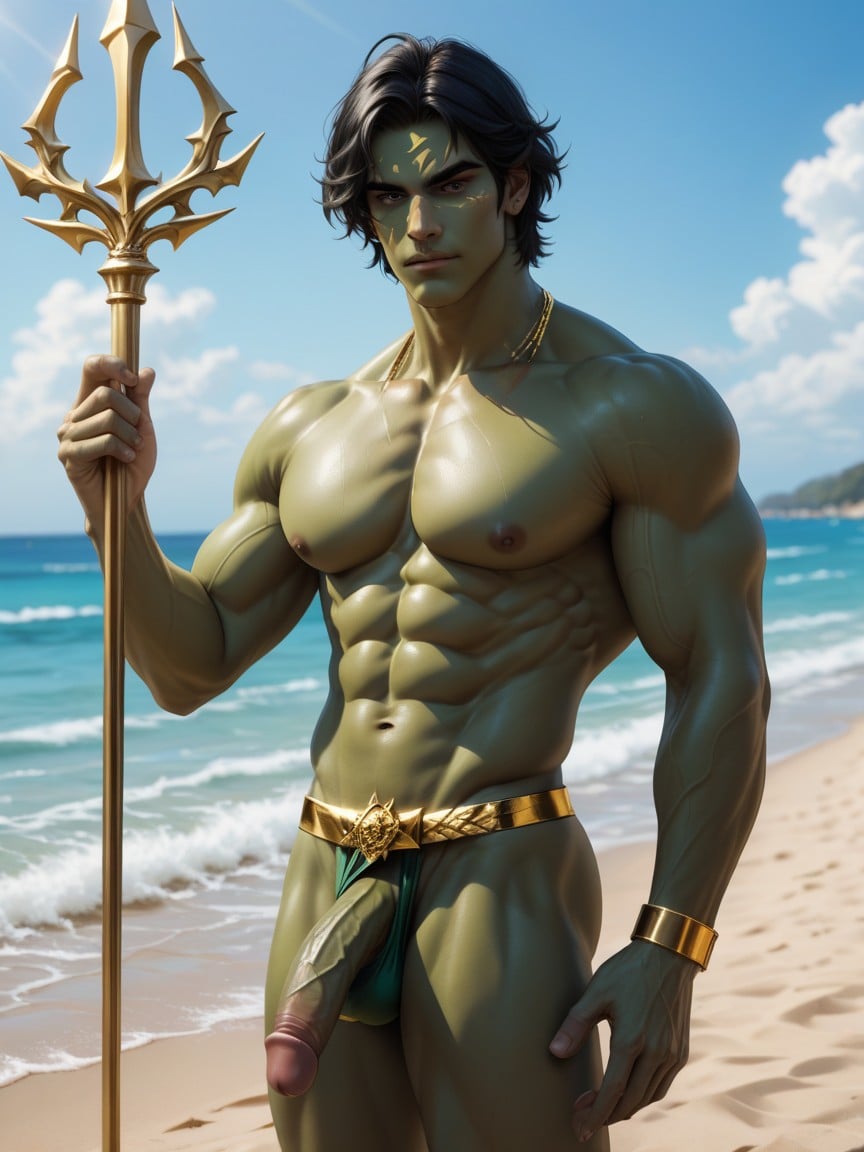 Muscular, Black Hair, Holding Large Gold Trident Pornografia gay com IA