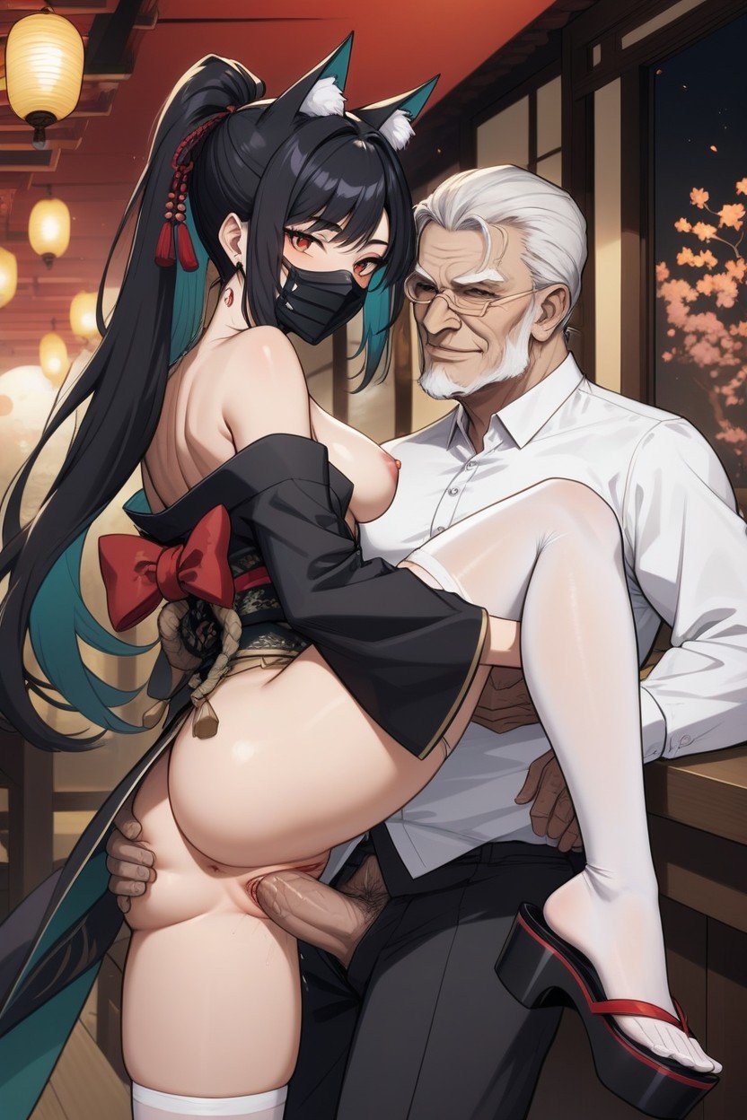 Platform Sandals, Black Kimono Off Shoulder, Woman Wearing A Kitsune Mask Porno IA Hentai