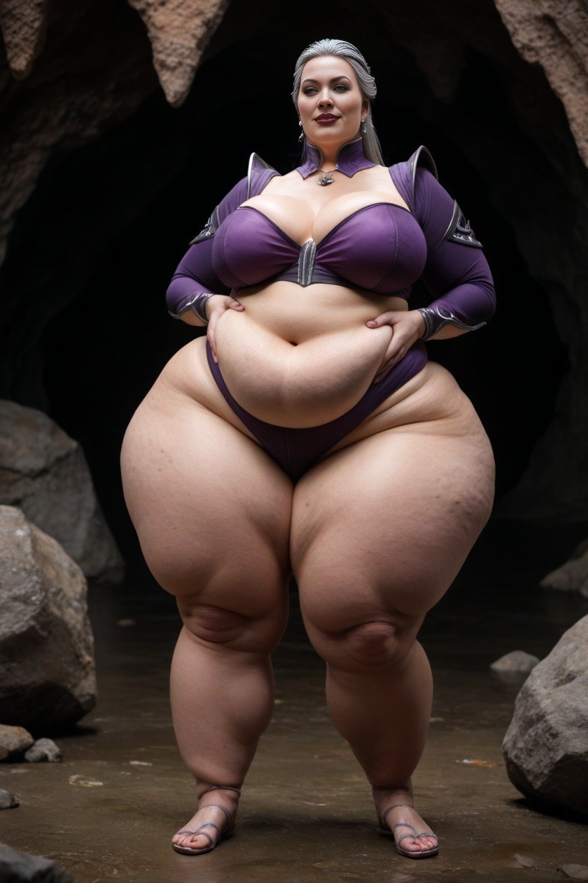 50+, Sindel From Mortal Kombat Bbw Mature Hyper Fat With Light Cellulite On Fat Obese Round Belly And Fat Big Obese Ass, 두꺼운 허벅지 게이 AI 포르노