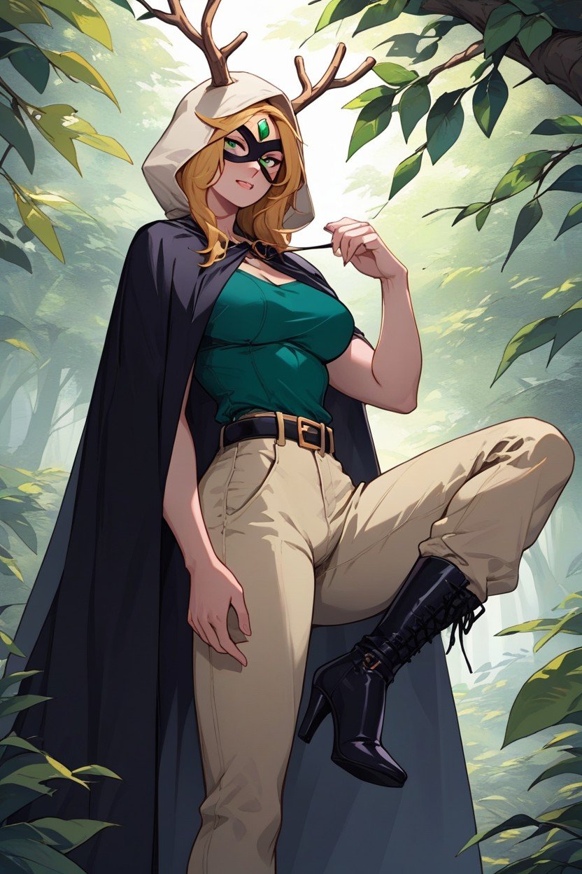 Shes Wearing A Green Shirt, And Long Black Purple Heeled Boots, A Black Cape Hentai AI Porn