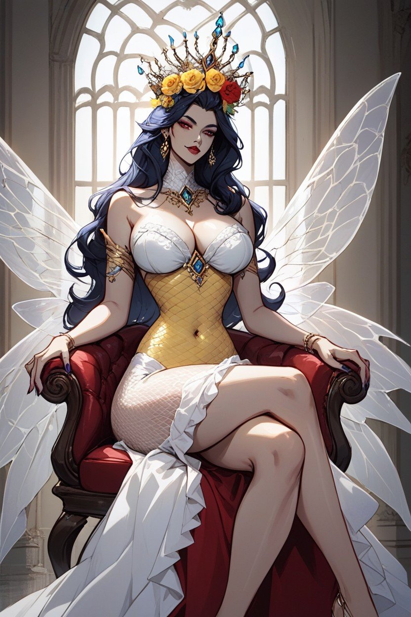 18+, Villainous Hyper Dc Art Style Intense Glair Compound Bee Eyes, Queen Bee Elegant Posture Sexy Poses Curved Back Waist Bee Stinger Queen Beehive Chamber Monster Queen Sitting On Honeycomb Chair Bee Dress Frilly Queen Bumblebee Skin Bee Wings Torax On Head AI黃漫