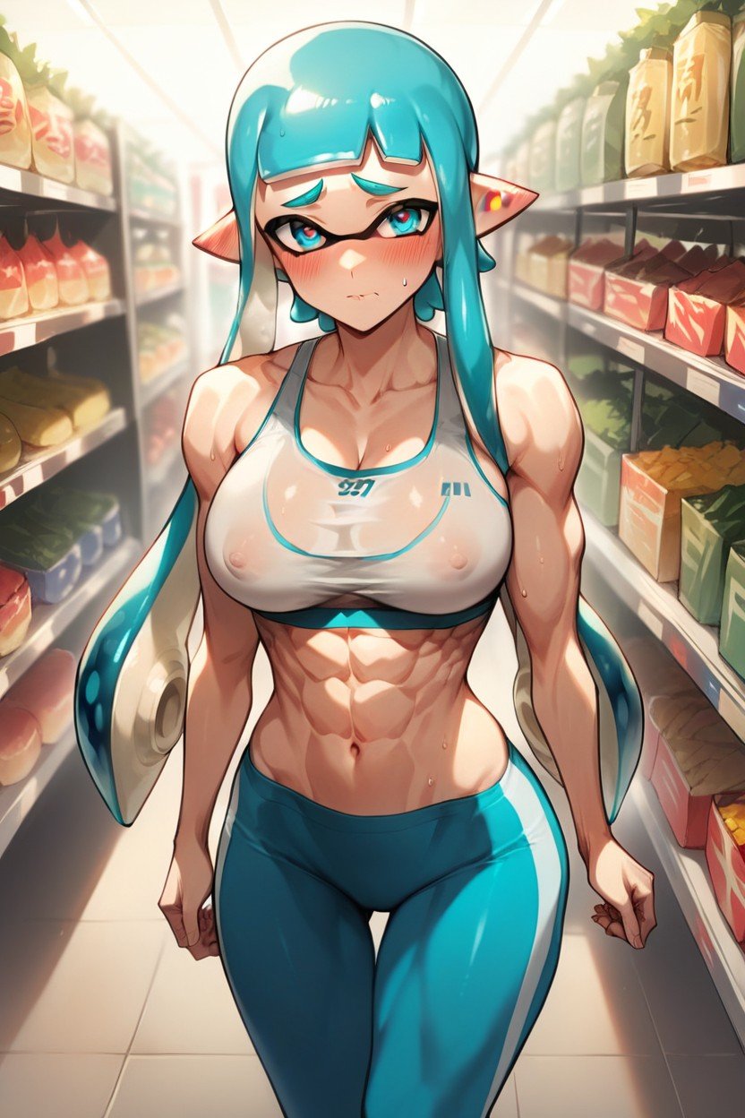 Erect Nipples, Athletic Body, Cyan Sports Leggings 게이 AI 포르노