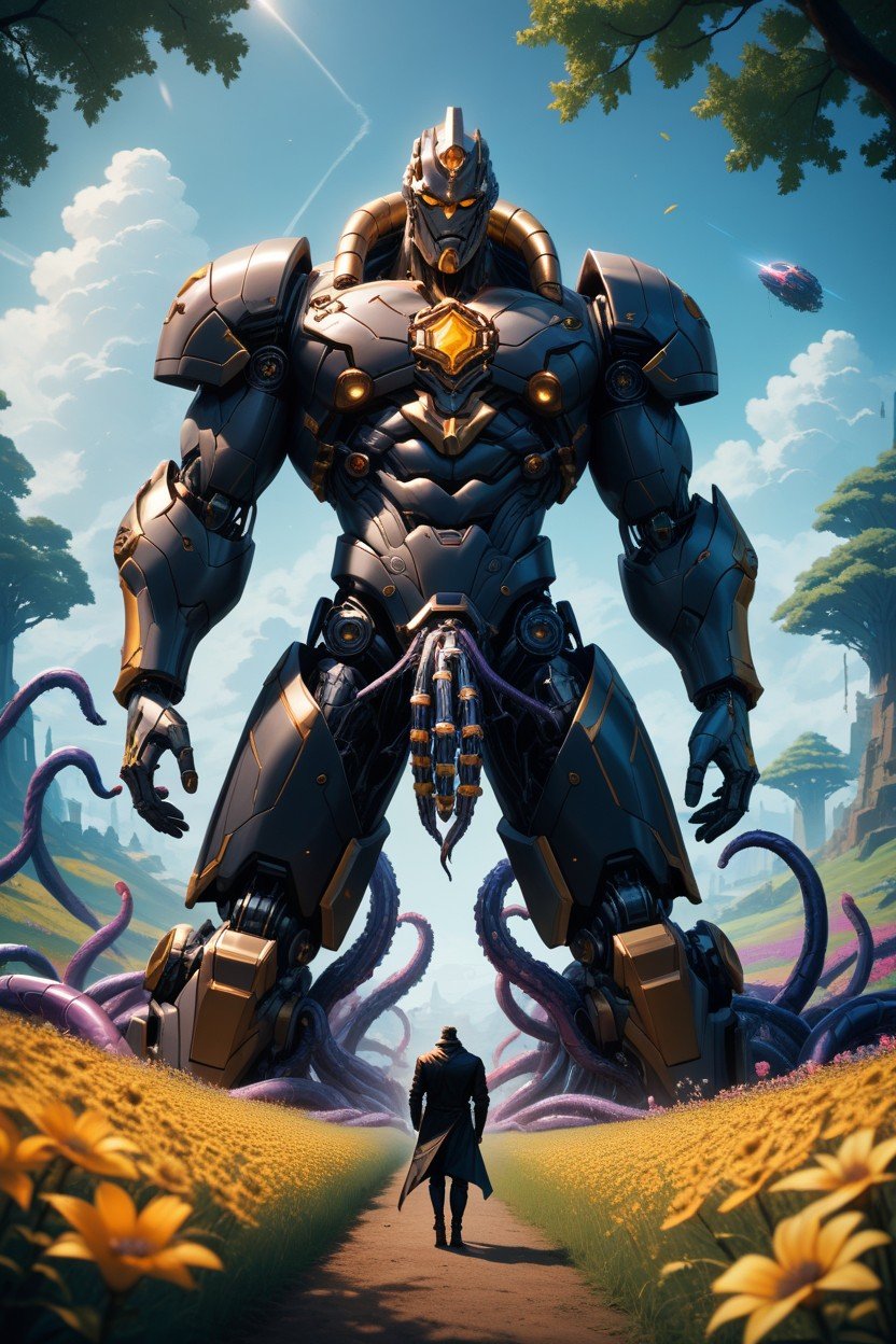 And Vast, 18+, Foreground A Wide Scene Of A Cyborg Standing In A Flower Field Porno IA Gay