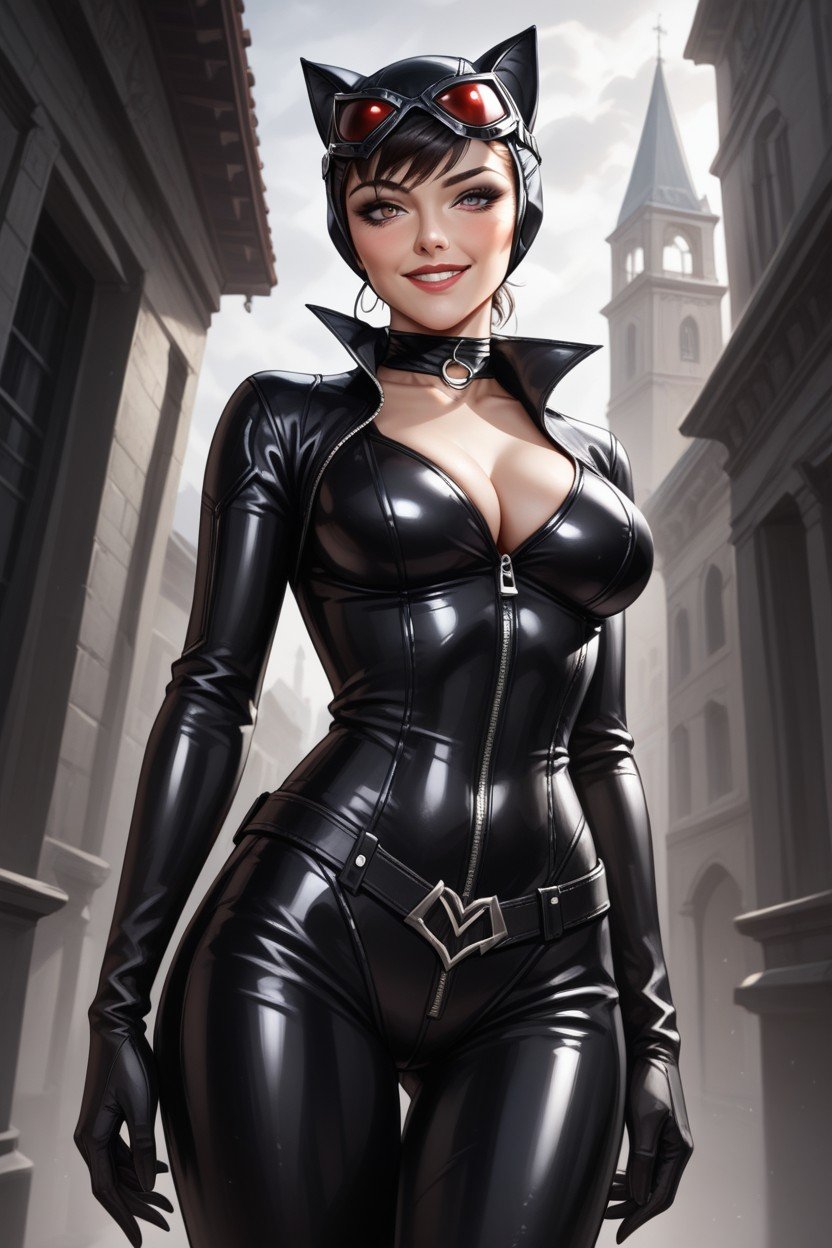 Catwoman From The Batman Latex Catsuit Wearing A Black Strap-on, 正面视图, 18+ AI黄漫