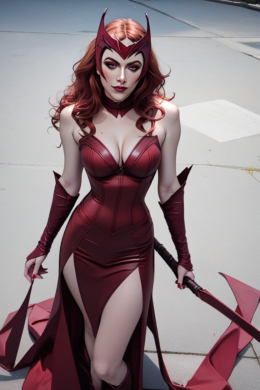 Scarlet Witch From Marvel Cinematic Universe, 웨이스트 샷, 마른 체형 헨타이 AI 포르노