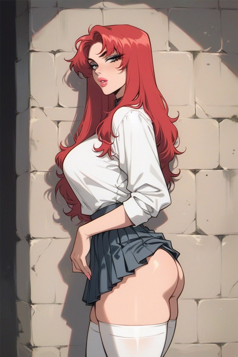 Long Straight Red Hair, Looking At The Viewer, Pink Lipstick Hentai IA